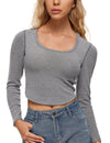 Square Neck Ribbed Built In Bra Long Sleeve Tops