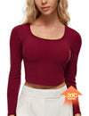 Square Neck Ribbed Built In Bra Long Sleeve Tops