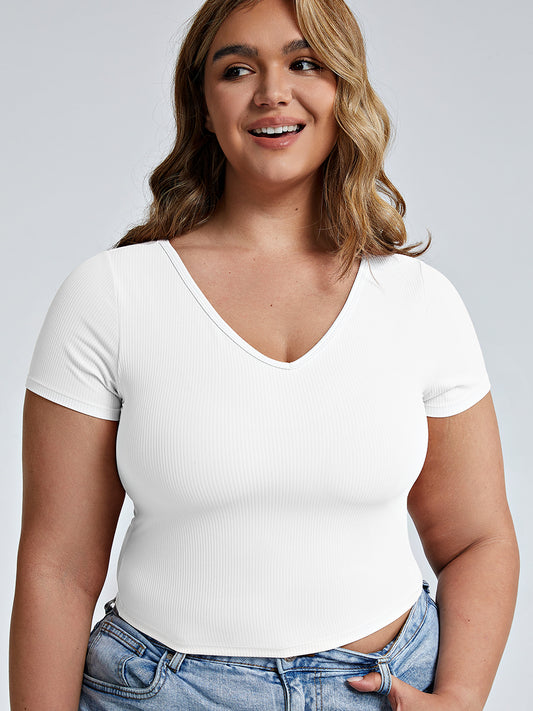Solid Ribbed V Neck Bra Top