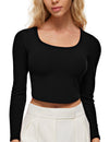 Square Neck Ribbed Built In Bra Long Sleeve Tops