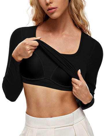 Square Neck Ribbed Built In Bra Long Sleeve Tops