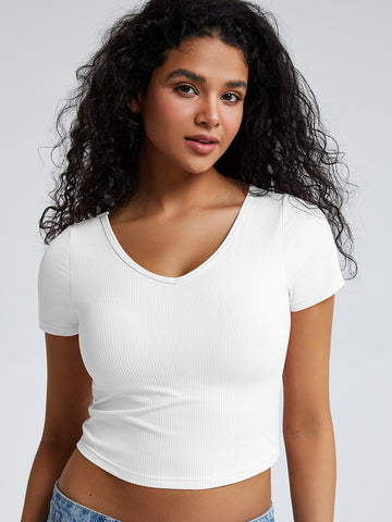 Solid Ribbed V Neck Bra Top