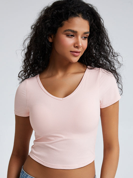 Solid Ribbed V Neck Bra Top