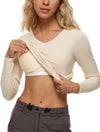 V Neck Ribbed Built In Bra Long Sleeve Tops