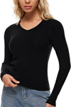 V Neck Ribbed Built In Bra Long Sleeve Tops