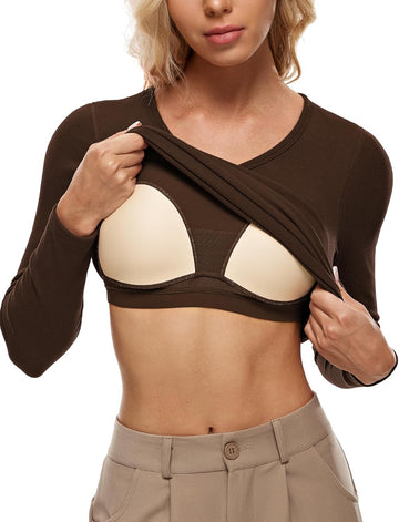 V Neck Ribbed Built In Bra Long Sleeve Tops