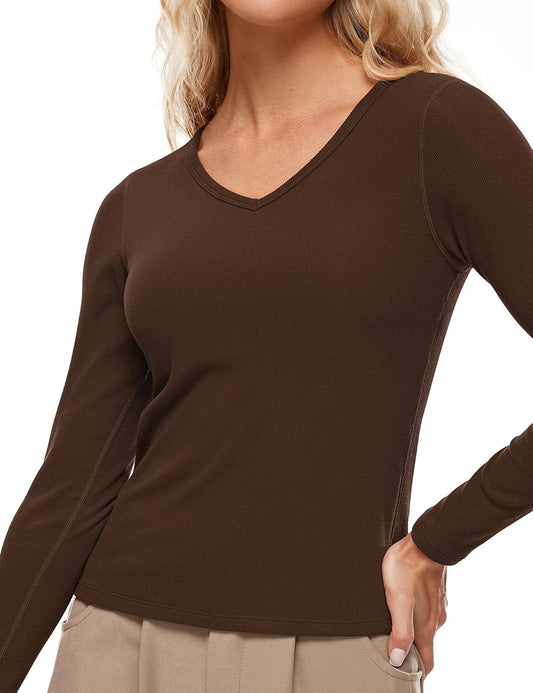 V Neck Ribbed Built In Bra Long Sleeve Tops