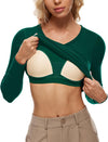 V Neck Ribbed Built In Bra Long Sleeve Tops